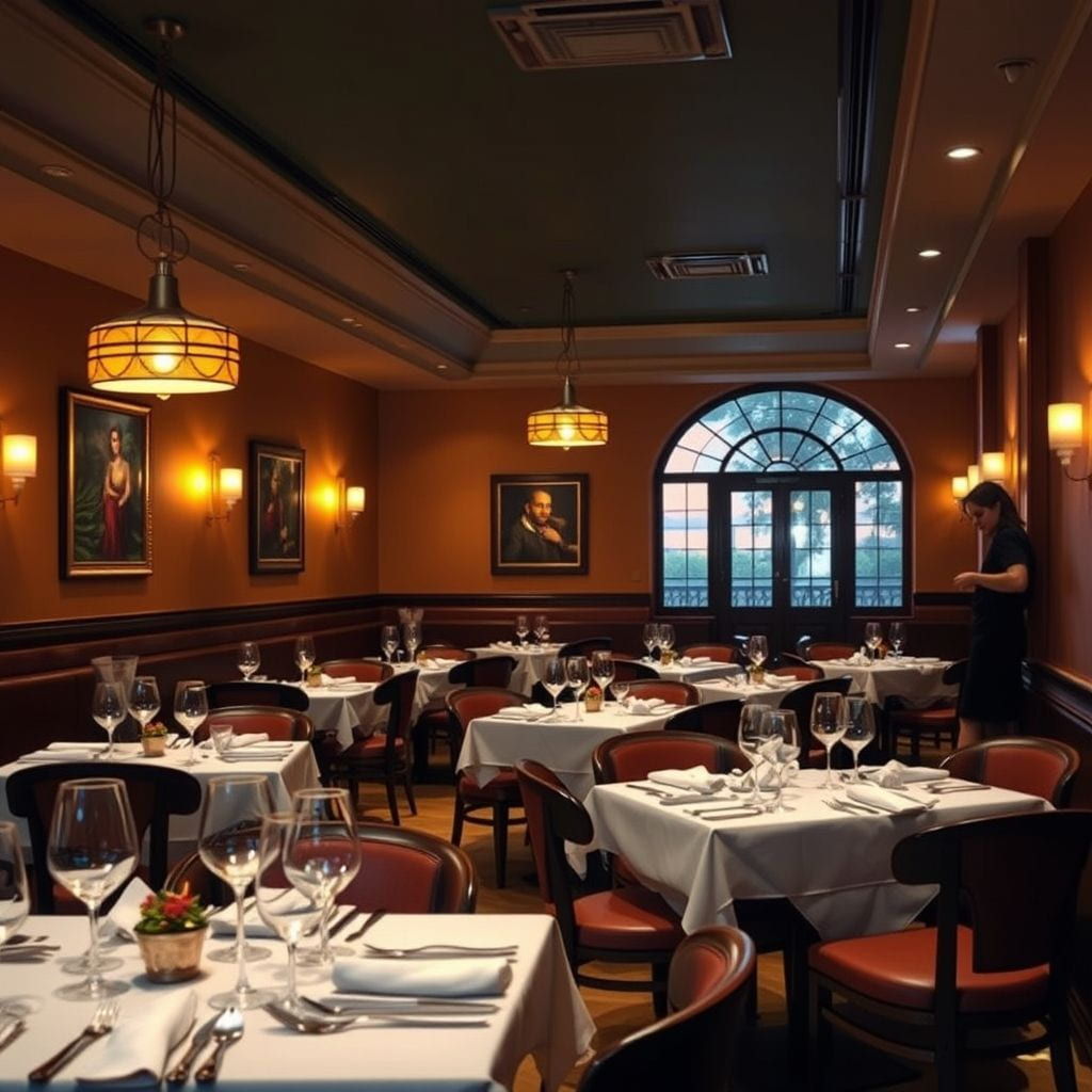 A warm restaurant dining room in the early evening, tables set and a server crossing the floor.